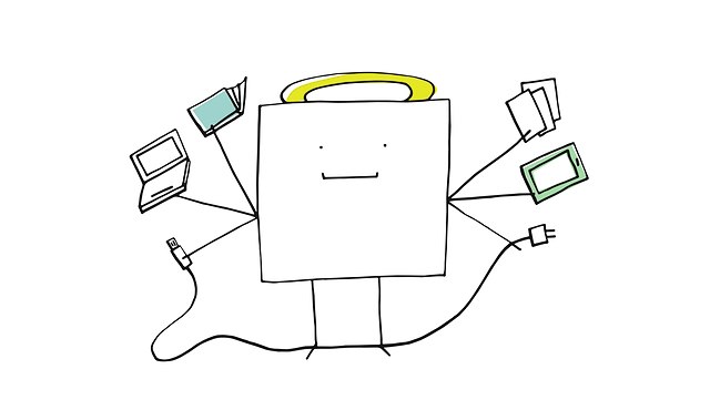Eine quadratische Zeichentrickfigur jongliert mit kleinen Computern und Büchern