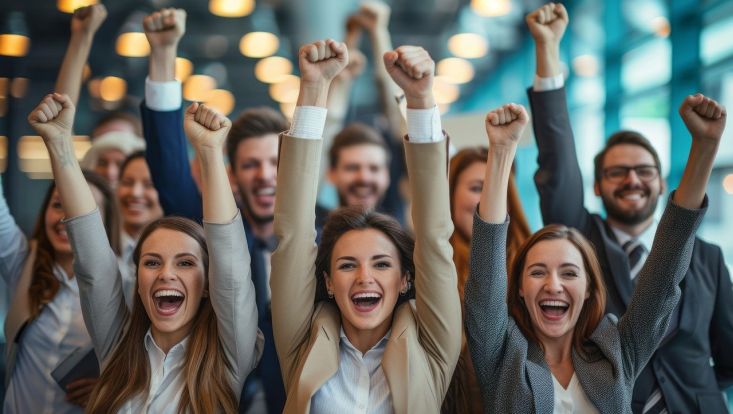 Gruppe von lachenden Menschen mit hochgereckten Fäusten