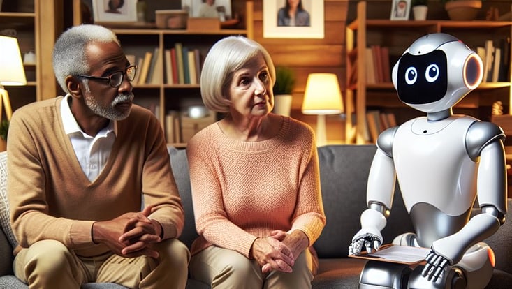 Ein älteres Ehepaar wird von einem Roboter beraten