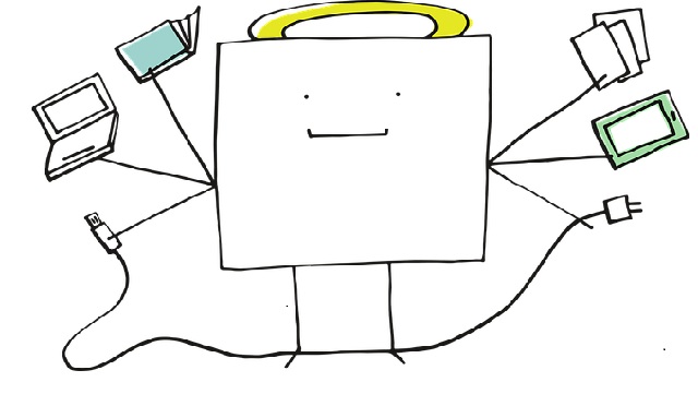 Die Graphik zeigt ein Pixelchen mit sechs Armen, in denen es verschiedene Gegenständen wie Bücher, Laptops und Zettel hält.