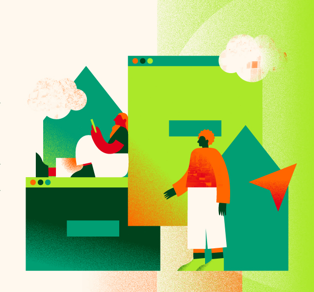 Illustration: Zwei stilisierte Personen vor grünen Formen und Fenstern, eine sitzt mit Smartphone, die andere steht. Verspielte, bunte Darstellung von digitaler Vernetzung und Kommunikation.