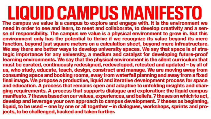 Textgrafik: Manifest für einen flexiblen Campus – Räume als strategische Ressource sehen, gemeinsam gestalten und in einem offenen, iterativen Prozess ständig weiterentwickeln.