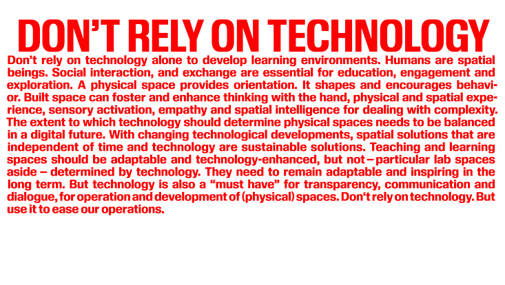 Textgrafik: Technik nicht allein nutzen – Lernräume sollen sozial und räumlich erfahrbar bleiben, anpassbar sein und Technologie nur unterstützend einsetzen.