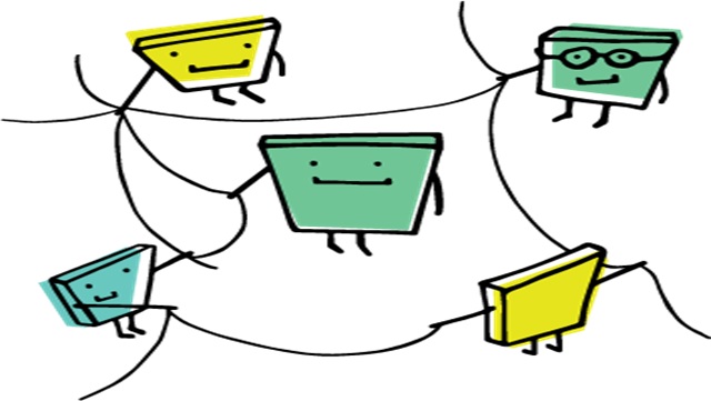 Mehrere Pixelchen sind durch Striche verbunden, was Vernetzung bedeuten soll.