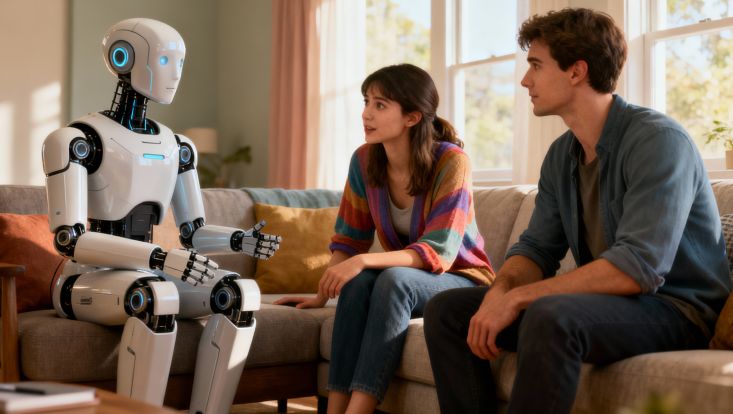 Zwei junge Personen werden von Roboter in Wohnzimmer beraten